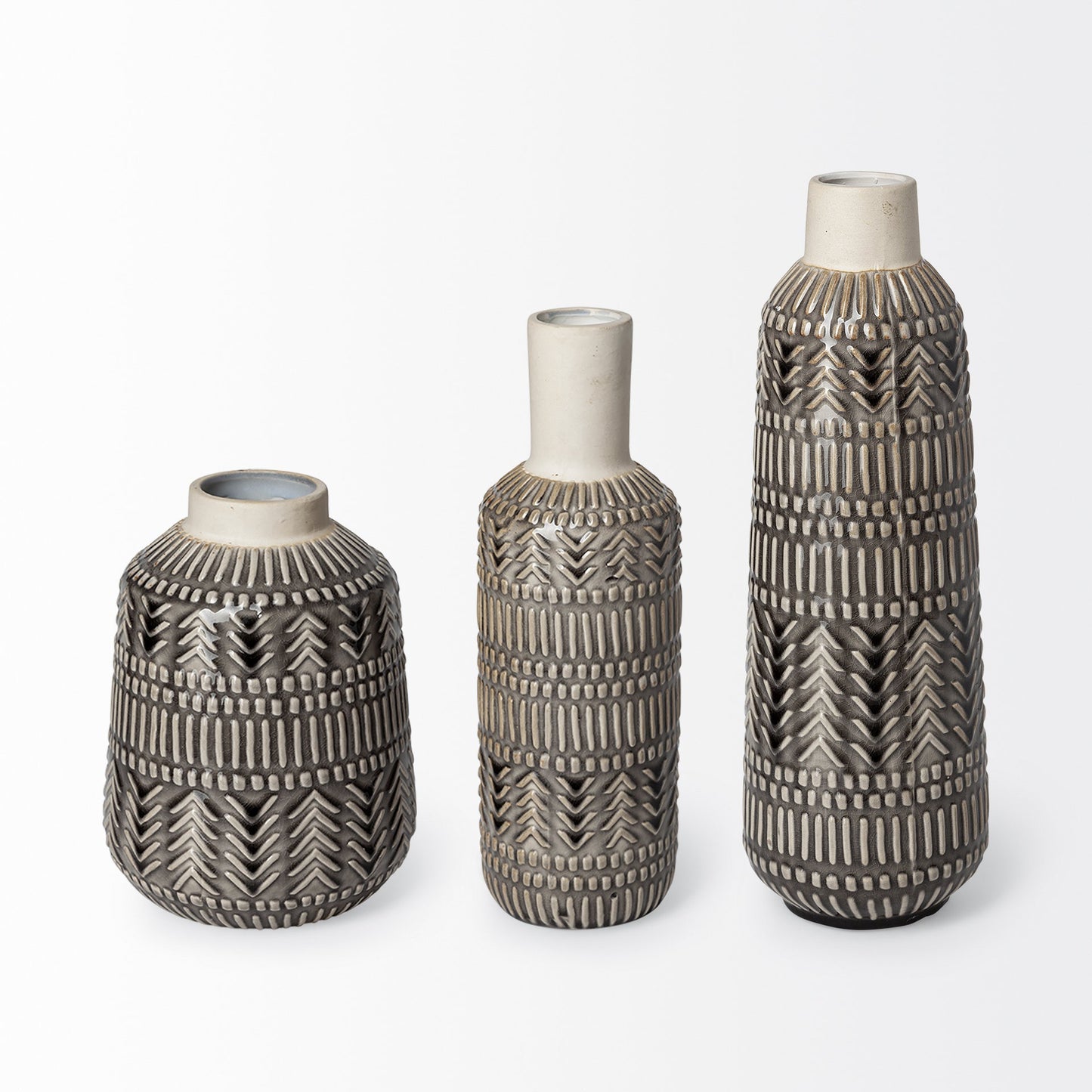8" Black and Cream Organic Glaze Chevron Embossed Ceramic Vase-1