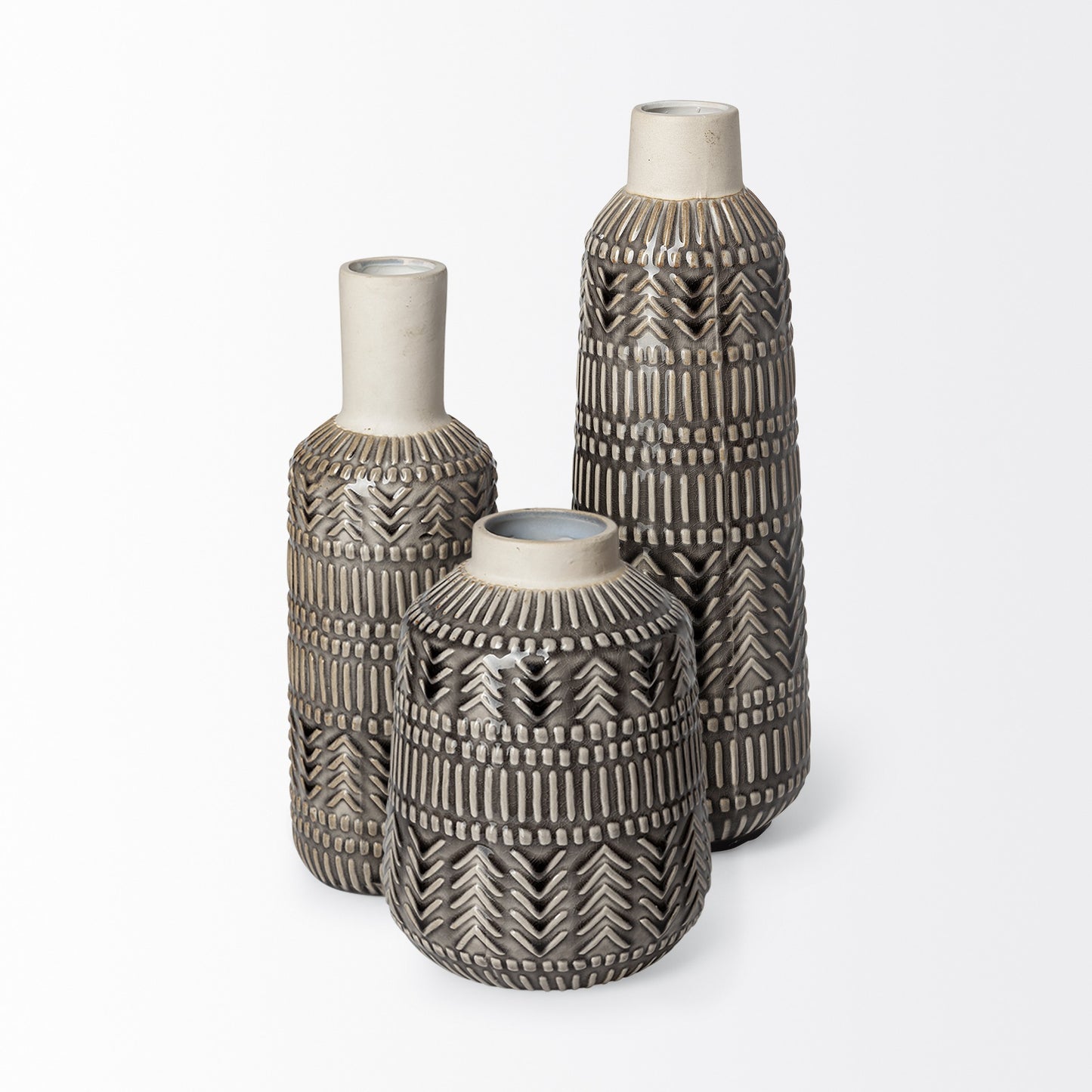 8" Black and Cream Organic Glaze Chevron Embossed Ceramic Vase-2