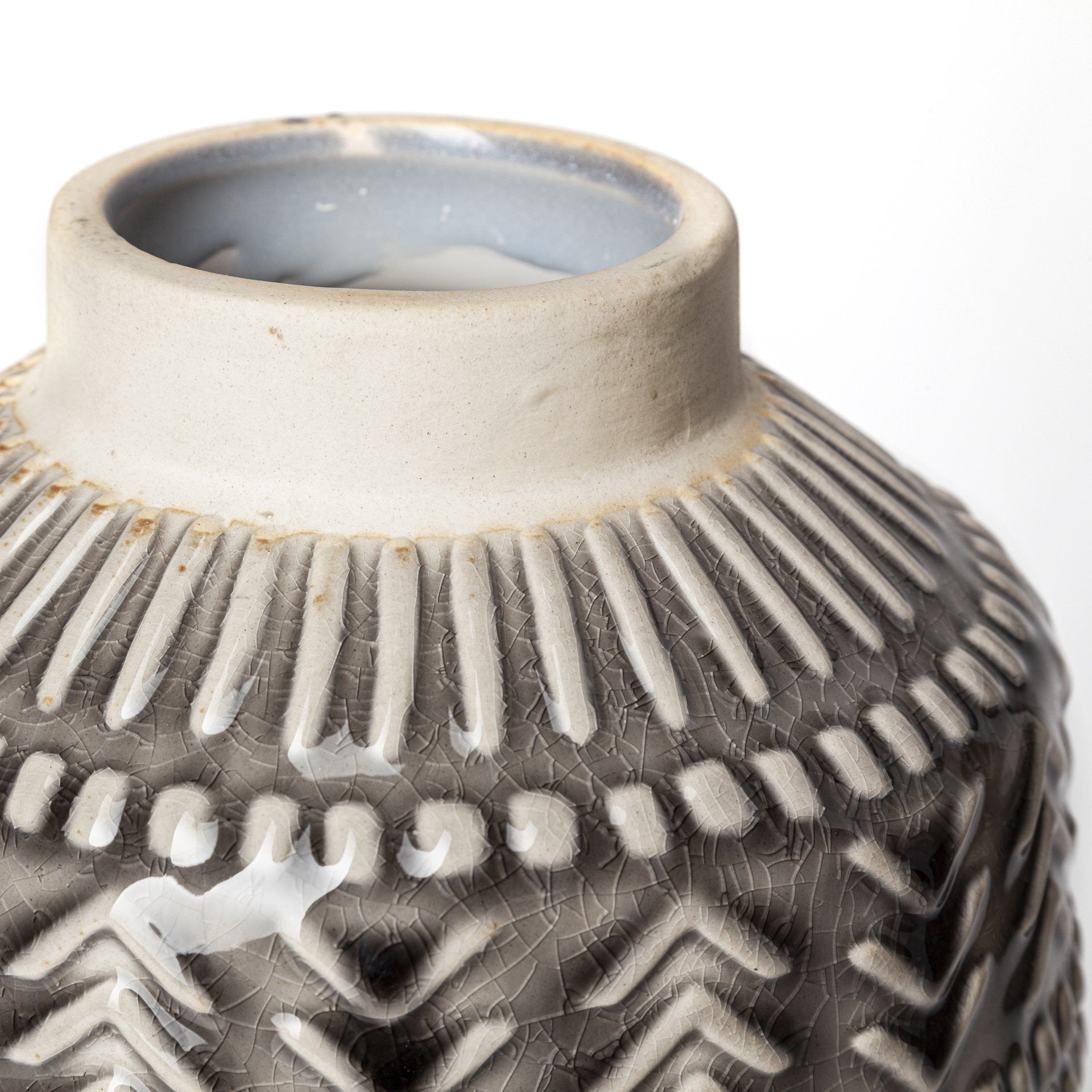 8" Black and Cream Organic Glaze Chevron Embossed Ceramic Vase-3