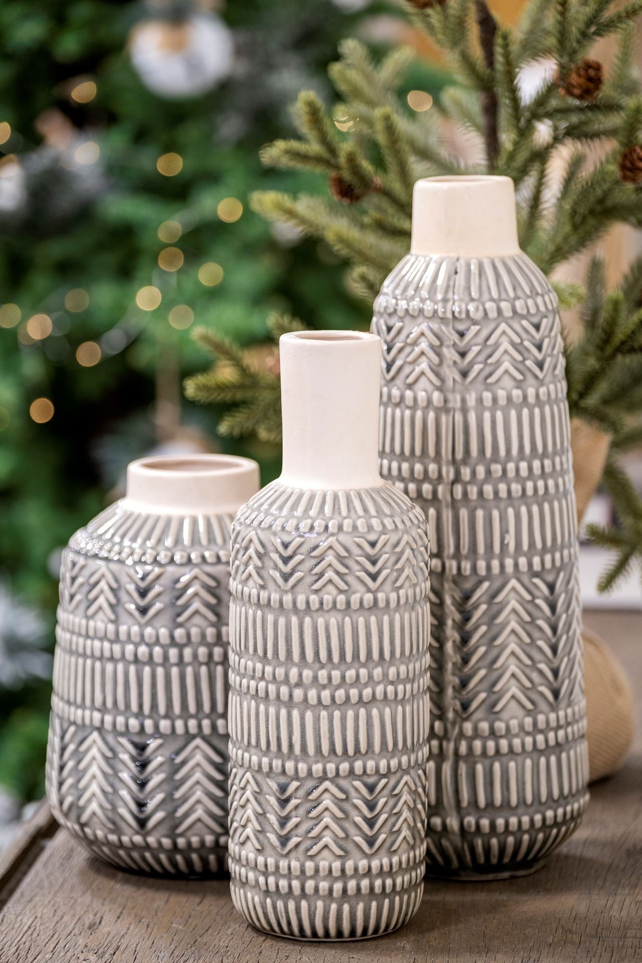 8" Black and Cream Organic Glaze Chevron Embossed Ceramic Vase-4