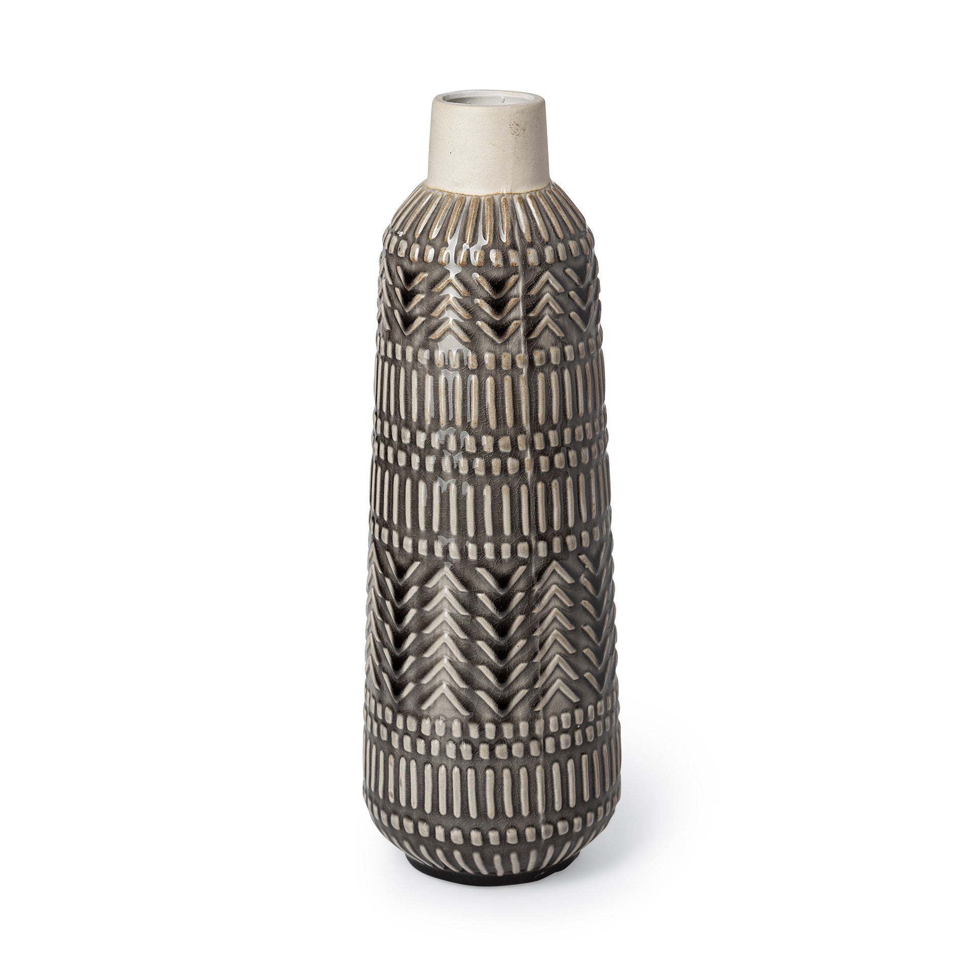 14" Black and Cream Organic Glaze Chevron Embossed Ceramic Vase-0