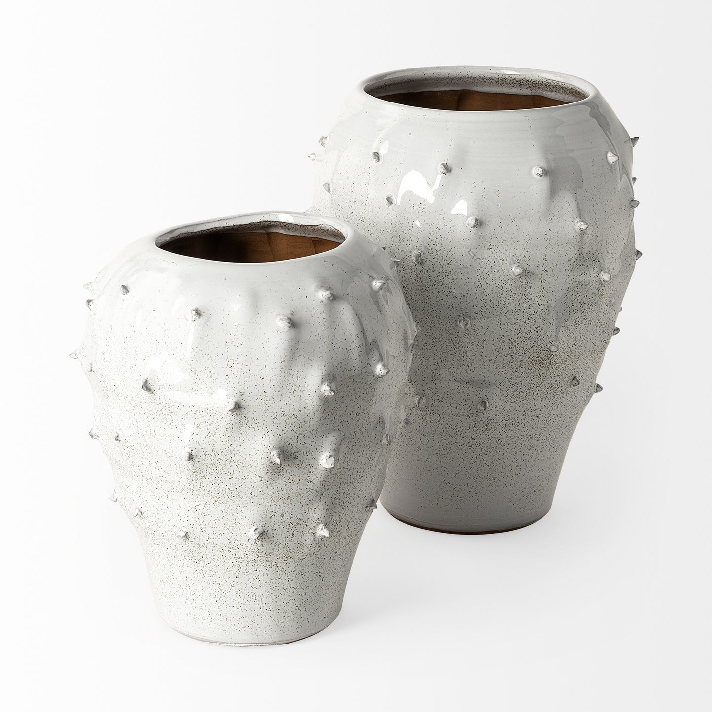 11" White Spiked Organic Glaze Large Mouth Ceramic Vase-2