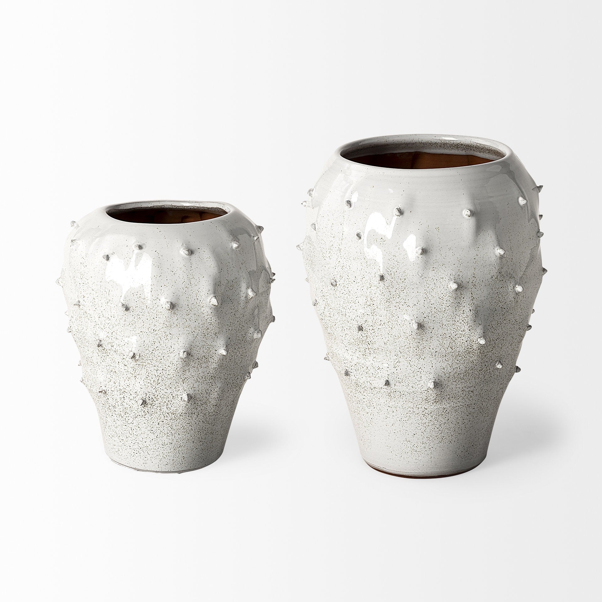 14" White Spiked Organic Glaze Large Mouth Ceramic Vase-1