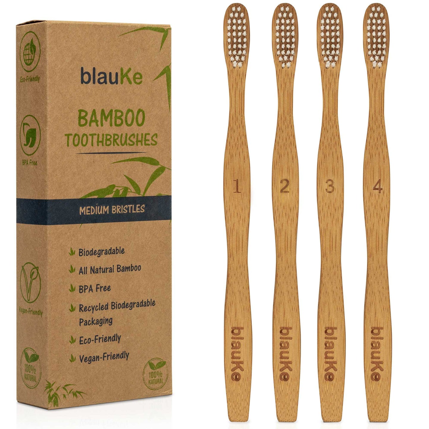 Bamboo Toothbrush Set 4-Pack - Bamboo Toothbrushes with Medium Bristles for Adults - Eco-Friendly, Biodegradable, Natural Wooden Toothbrushes-0