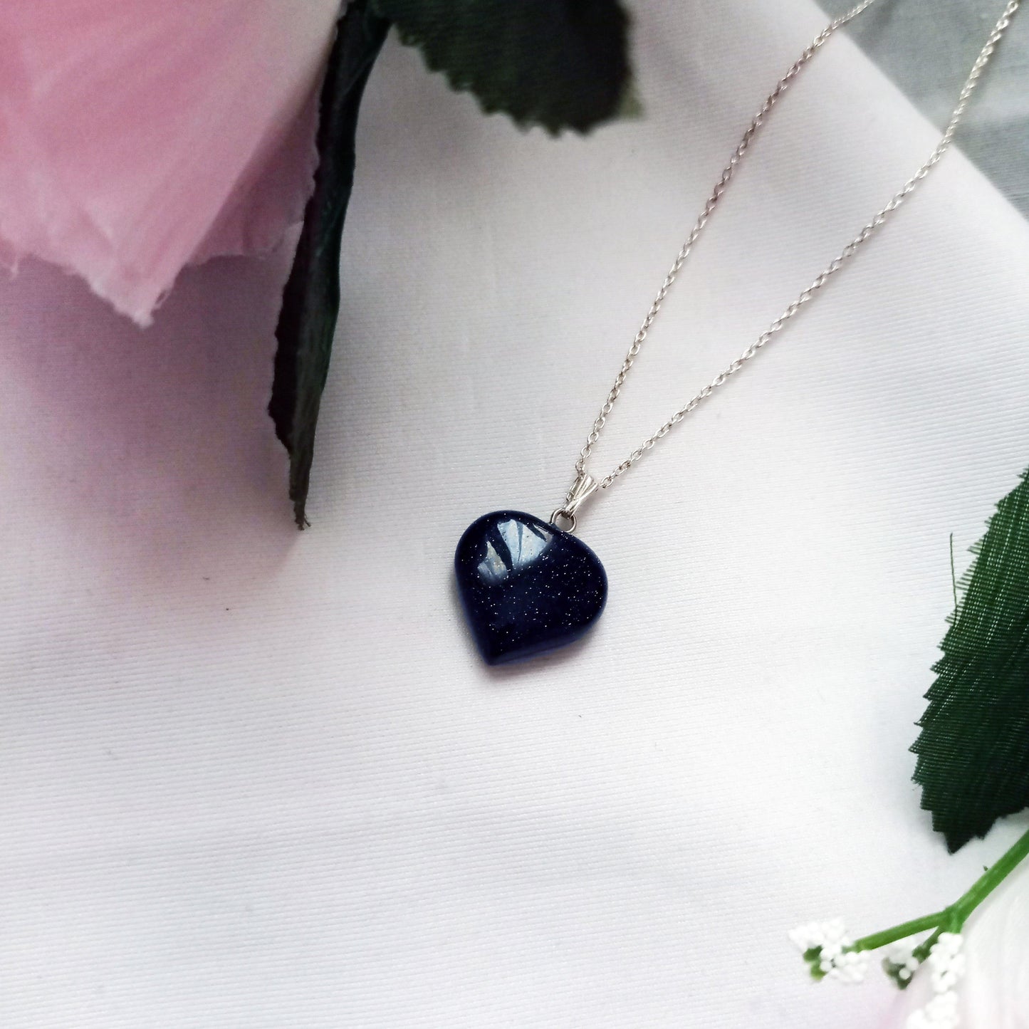Blue Goldstone Sterling Silver Necklace, Heart Pendant Necklace, Gemstone Necklace, Sterling Silver Necklace | by nlanlaVictory-1