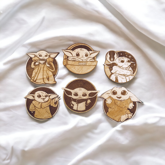 Set of 6 Baby Yoda Wooden Coasters - Handmade Gift - Housewarming - Wood Kitchenware - Baby Yoda - The Mandalorian-0