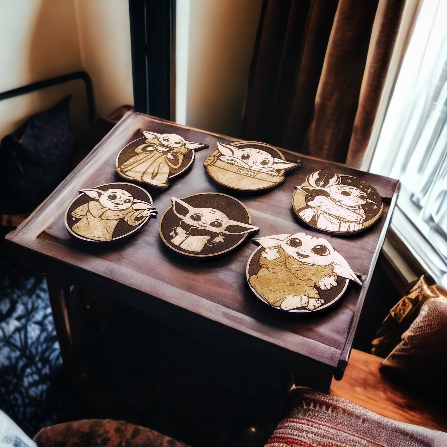 Set of 6 Baby Yoda Wooden Coasters - Handmade Gift - Housewarming - Wood Kitchenware - Baby Yoda - The Mandalorian-1