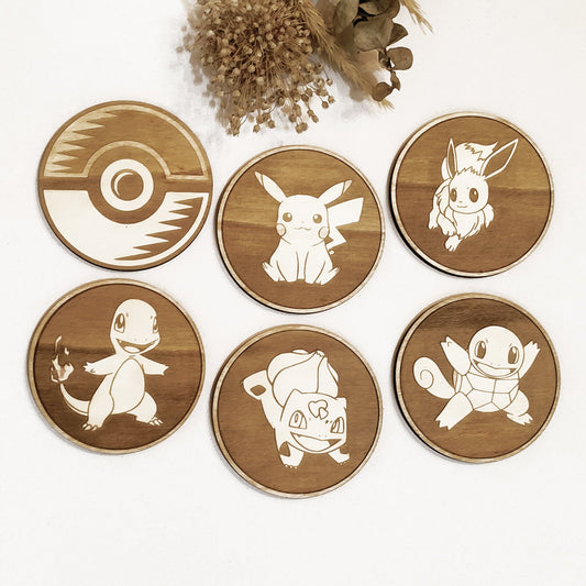 Set of 6 Pokemon Wooden Coasters - Handmade Gift - Housewarming - Wood Kitchenware-0
