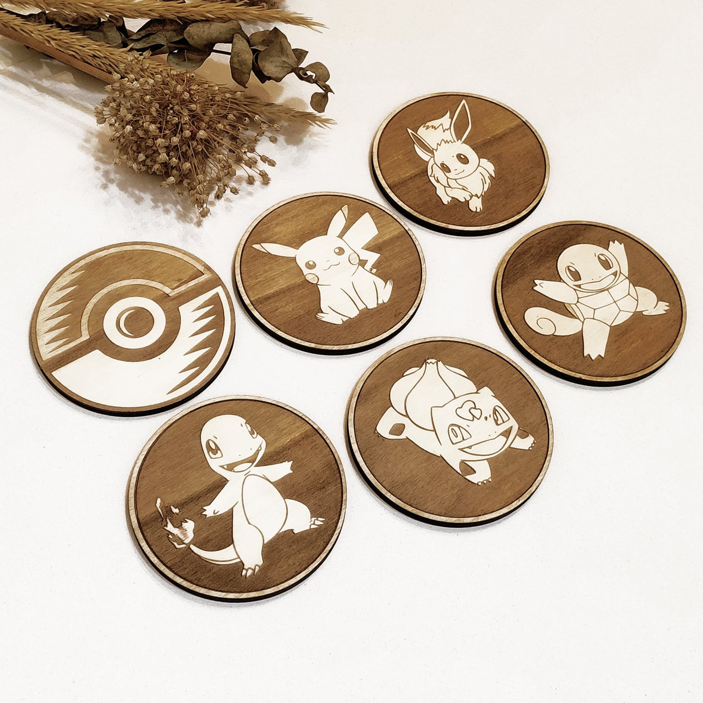Set of 6 Pokemon Wooden Coasters - Handmade Gift - Housewarming - Wood Kitchenware-1