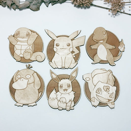 Set of 6 Pokemon Bigger Wooden Coasters - Handmade Gift - Housewarming - Wood Kitchenware-0