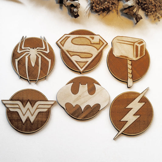 Set of 6 Superheroes Wooden Coasters - Handmade Gift - Housewarming - Wood Kitchenware-0