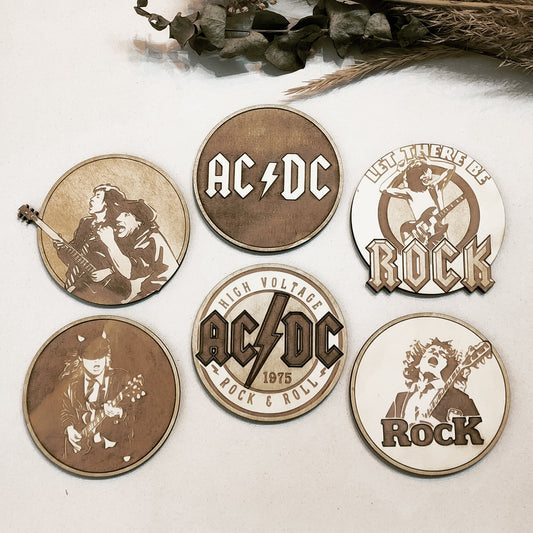 Set of 6 ACDC Wooden Coasters - Handmade Gift - Housewarming - Wood Kitchenware - Rock Band-0