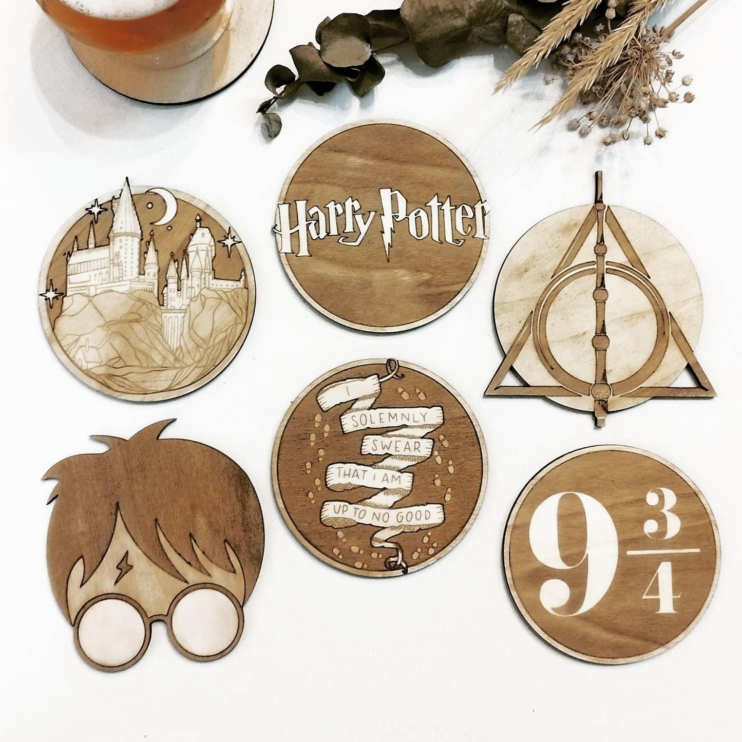 Set of 6 Harry Potter Wooden Coasters - Handmade Gift - Housewarming - Wood Kitchenware-0