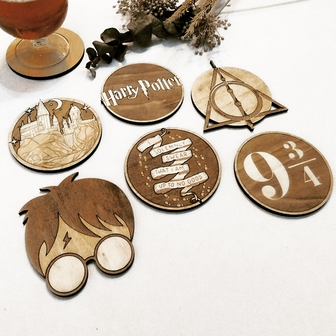 Set of 6 Harry Potter Wooden Coasters - Handmade Gift - Housewarming - Wood Kitchenware-1