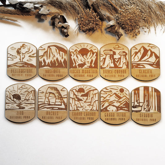 Set of 10 National Parks Wooden Coasters - Handmade Gift - Housewarming - Wood Kitchenware - US National Parks-0