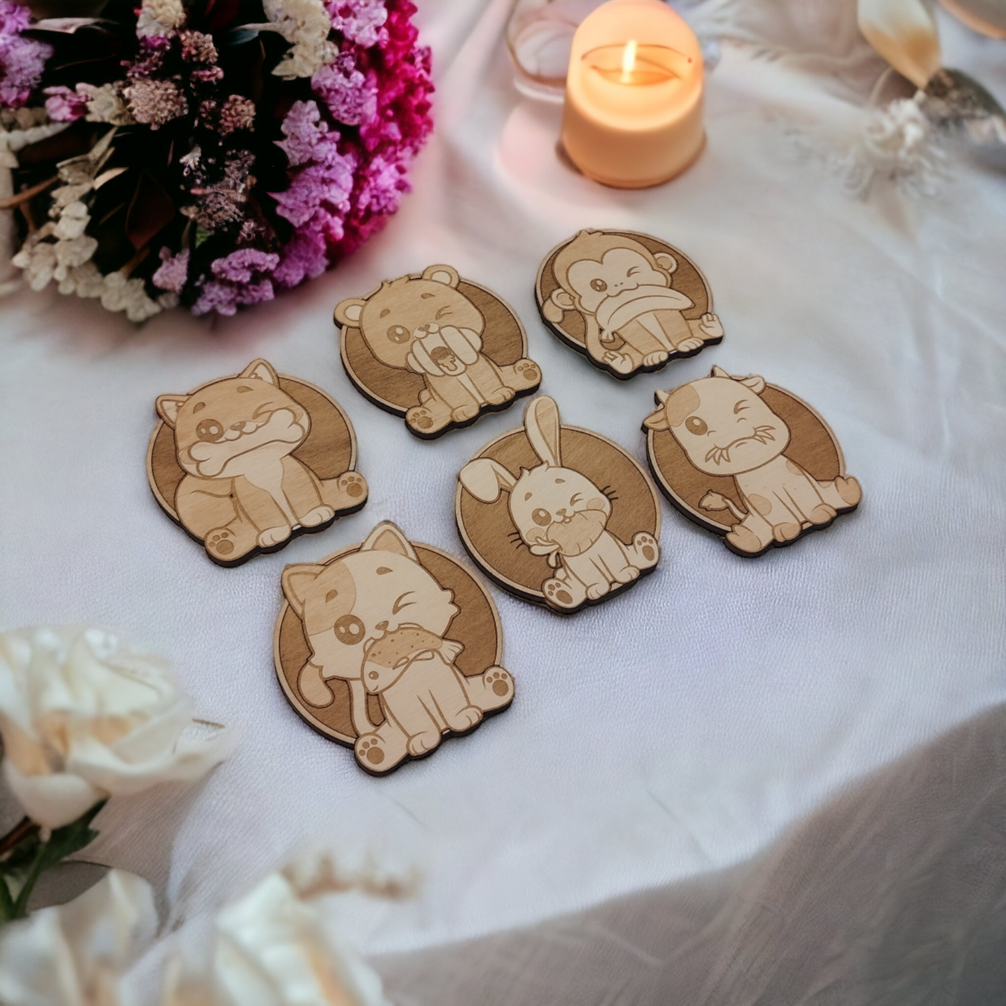 Set of 6 Cute Animals Collection Wooden Coasters - Handmade Gift - Housewarming - Wood Kitchenware-2