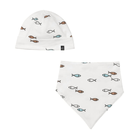 Organic Cotton Hat & Bib Set White Fish Print-0