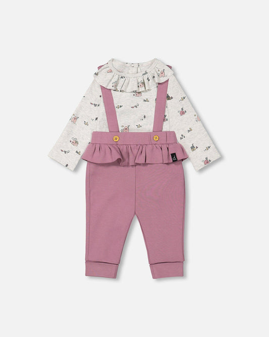 Organic Cotton Printed Onesie And Suspender Pant Set Mauve And Beige Little House Print-0