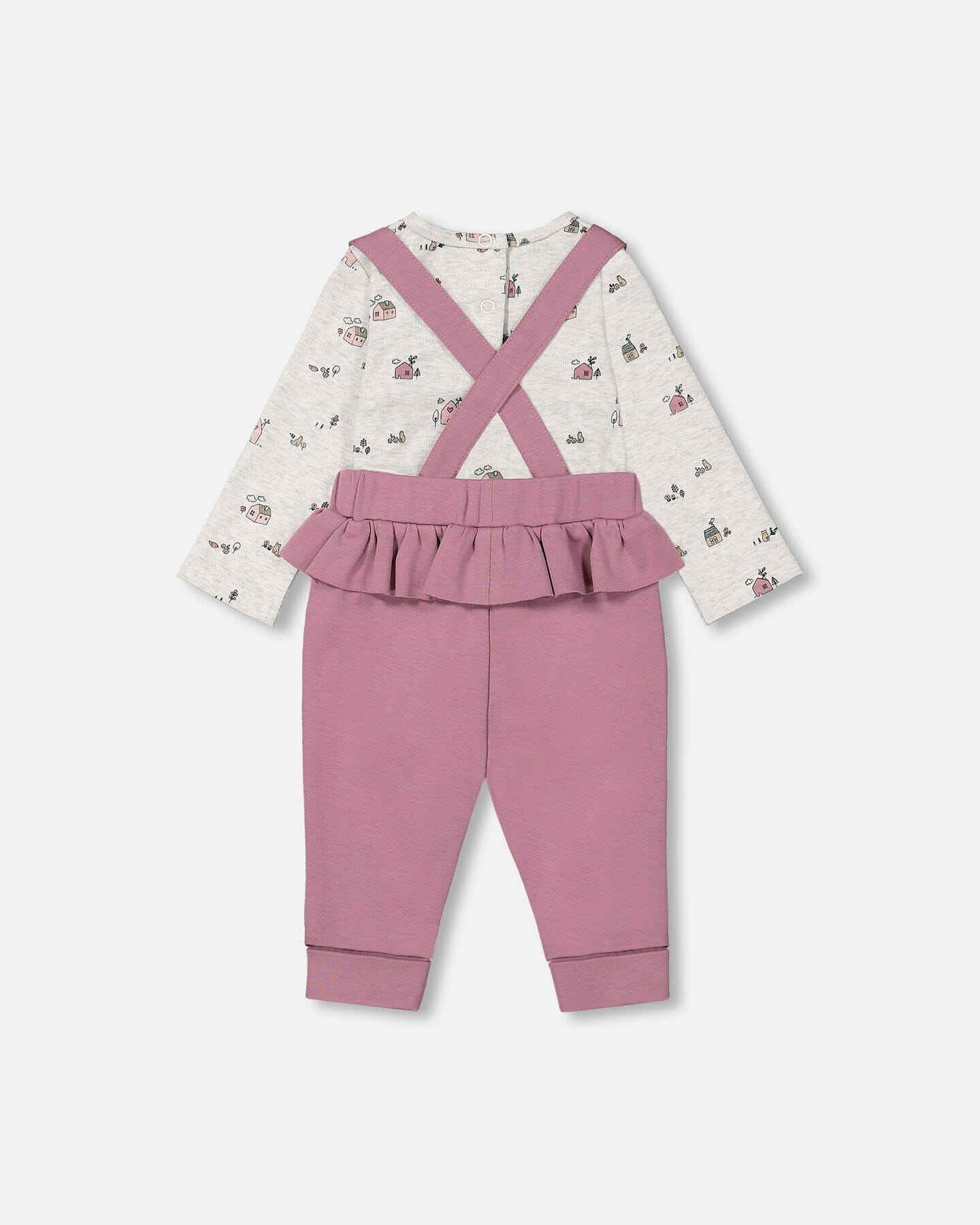 Organic Cotton Printed Onesie And Suspender Pant Set Mauve And Beige Little House Print-1