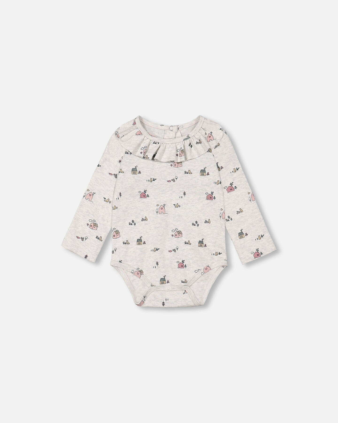 Organic Cotton Printed Onesie And Suspender Pant Set Mauve And Beige Little House Print-2
