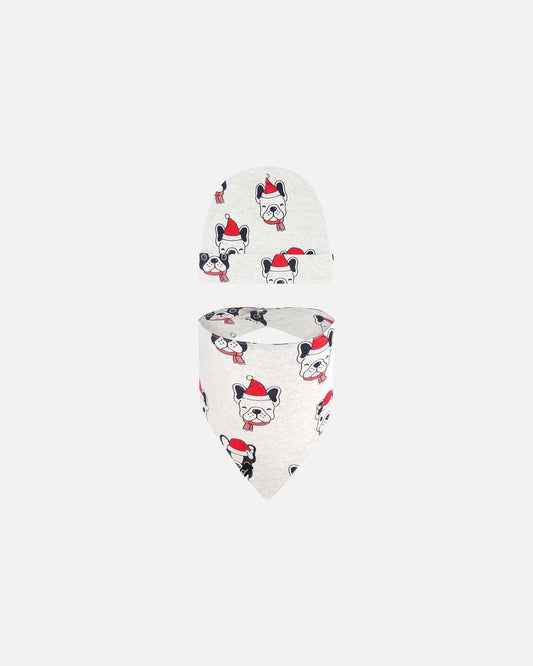 Organic Cotton Printed Christmas Dogs Hat And Bib Set Oatmeal Mix-0