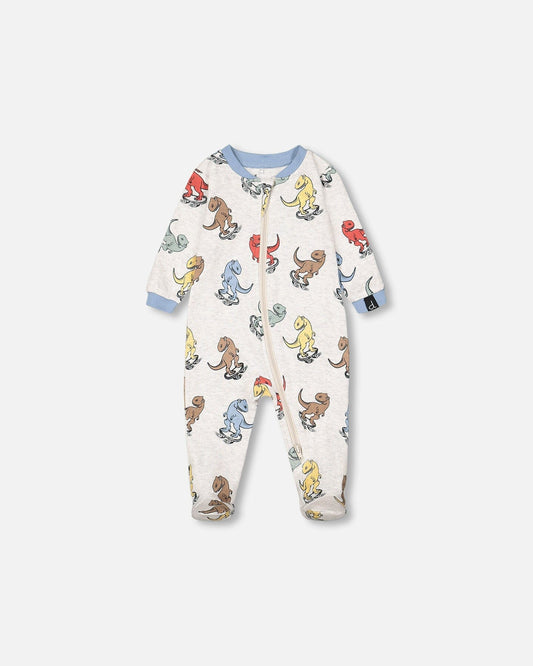 Organic Cotton One Piece Pajama Oatmeal Mix Dinosaur Print-0