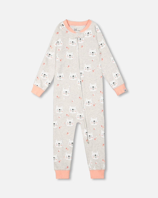 Organic Cotton One Piece Long Sleeve Printed Bears Pajama Oatmeal Mix-0