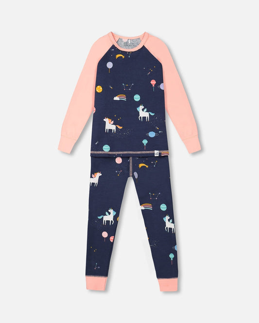 Organic Cotton Long Sleeve Two Piece Printed Unicorns Pajama Navy-0