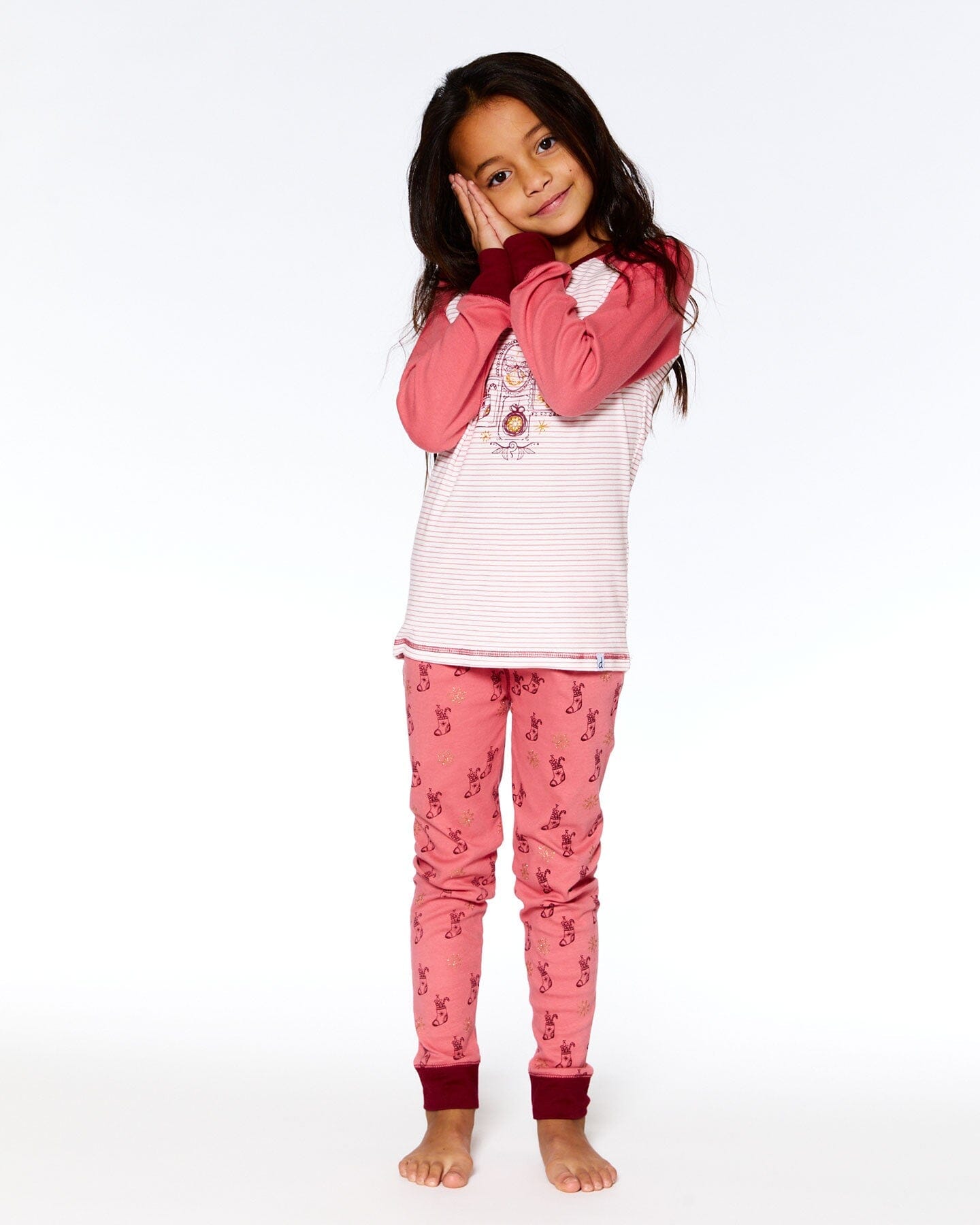 Organic Cotton Long Sleeve Two Piece Printed Christmas Stocking Pajama Set Pink-1