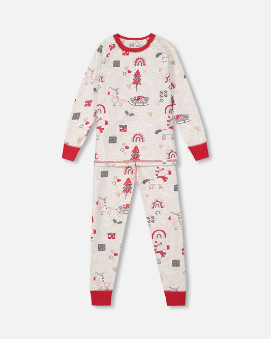 Organic Cotton Long Sleeve Two Piece Printed Christmas Unicorn Pajama Set Oatmeal Mix-0