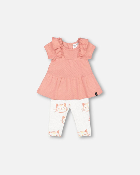 Organic Cotton Pointelle Knit Dress And Printed Cats Leggings Set Old Rose-0