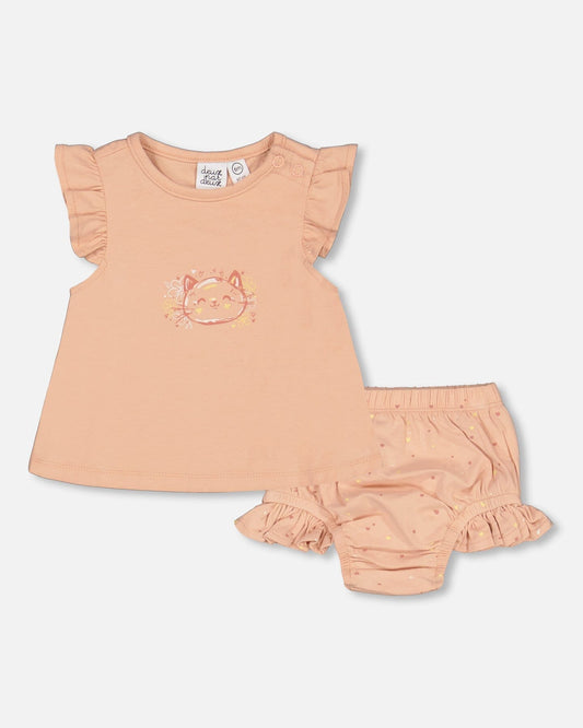 Organic Cotton Top And Bloomers Set Peach Rose With Printed Heart-0