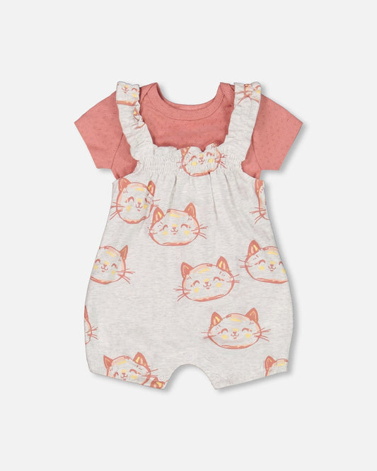 Organic Cotton Pointelle Knit Onesie And Shortall Set Heather Beige With Printed Cat-0