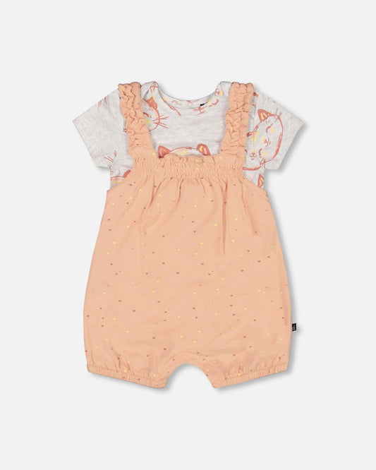 Organic Cotton Onesie And Shortall Set Peach Rose With Printed Heart-0