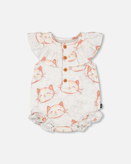 Organic Cotton Romper Heather Beige With Printed Cat-0