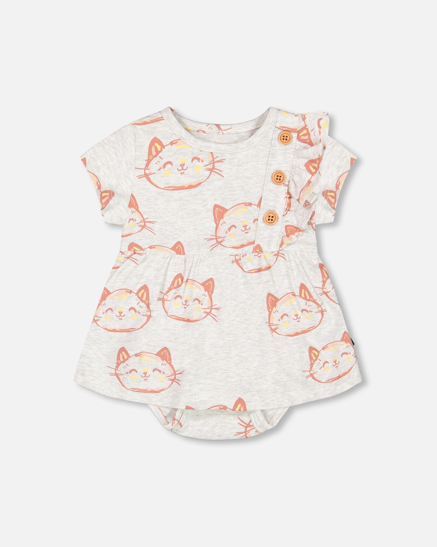 Organic Cotton Printed Romper Heather Beige With Printed Cat-0