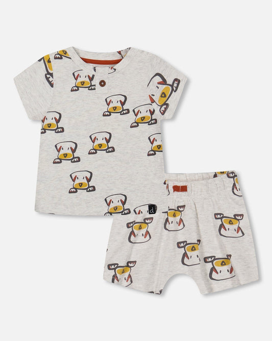 Organic Cotton Top And Short Set Heather Beige With Printed Dog-0