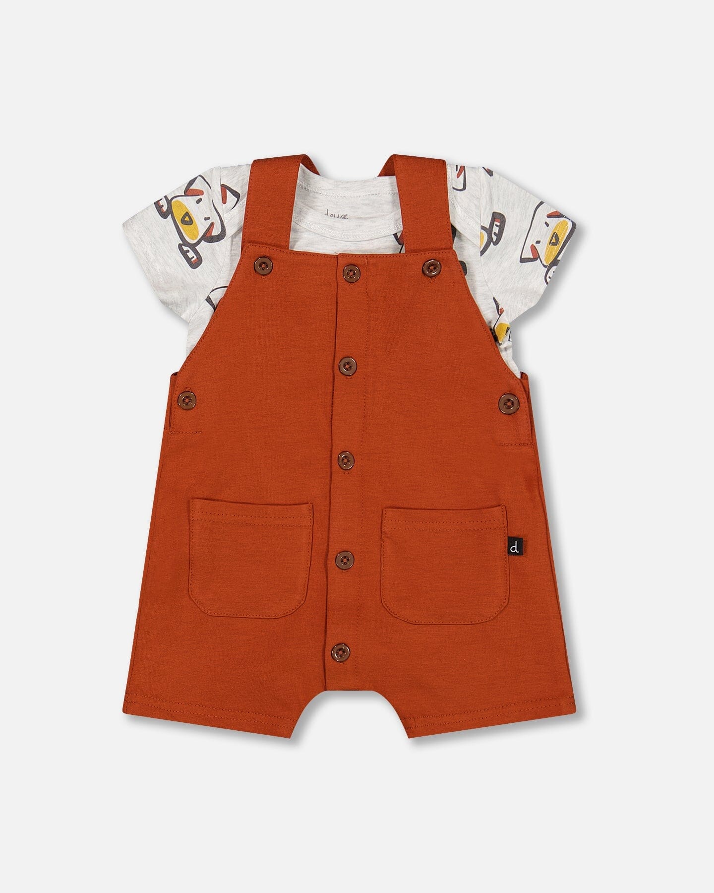 Organic Cotton Onesie And Shortall Set Heather Beige With Printed Dog And Cinnamon-0