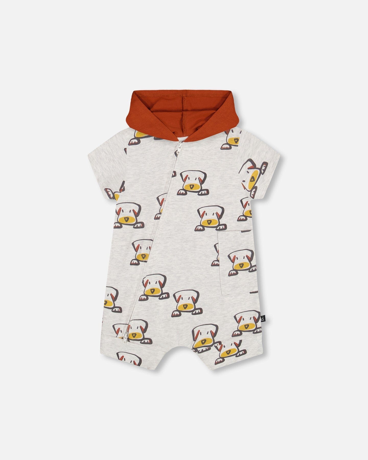 Organic Cotton Hooded Romper Heather Beige With Printed Dog-0