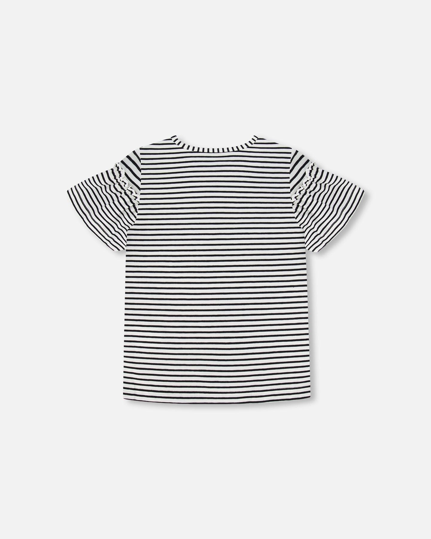 Organic Cotton Top With Flounce Sleeves Stripe Black And White-2