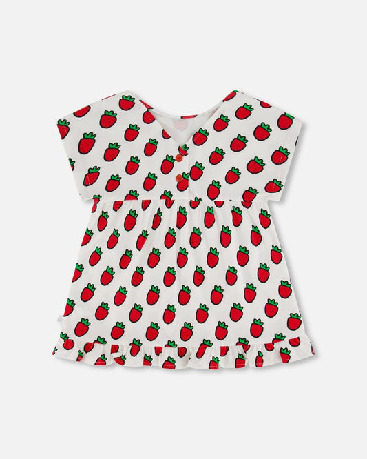 Organic Cotton Long Top With Frill White Printed Pop Strawberry-0