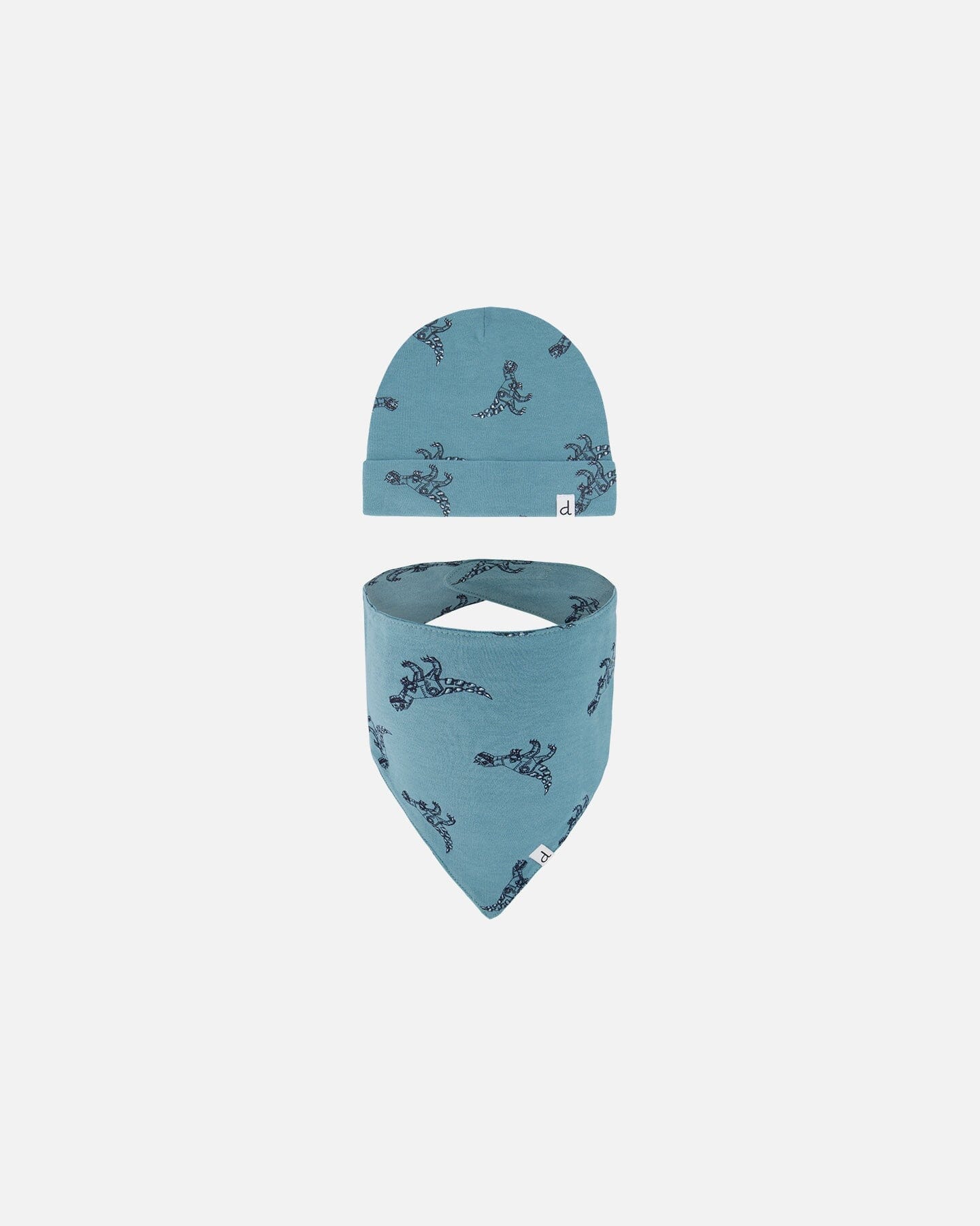 Organic Cotton Hat And Bib Set Teal With Mechanical Dinosaurs Print-0