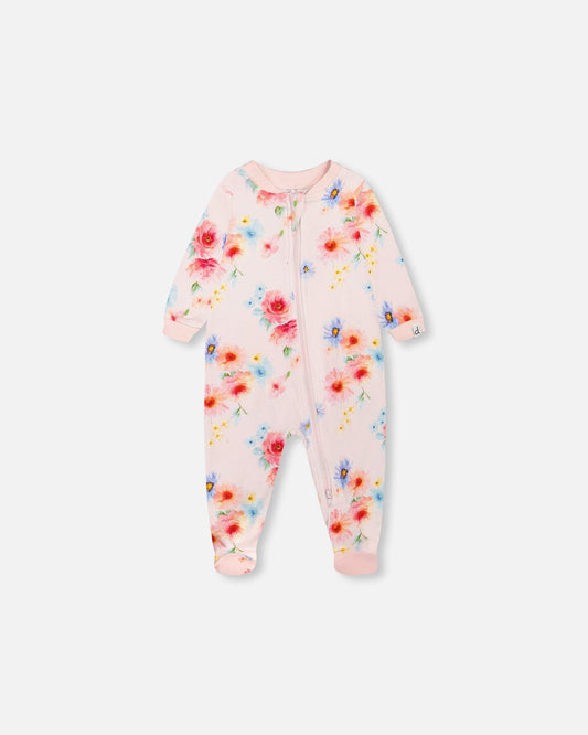 Organic Cotton One Piece Pajama Light Pink Printed Flowers-0