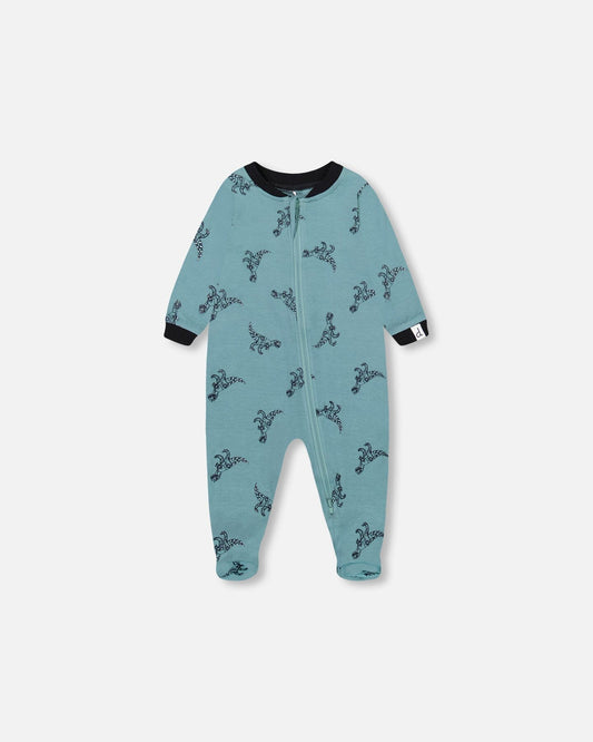 Organic Cotton One Piece Pajama Teal With Mechanical Dinosaurs Print-0