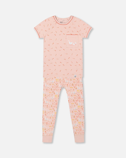 Organic Cotton Two Piece Pajama Set Pink Printed Goose-0