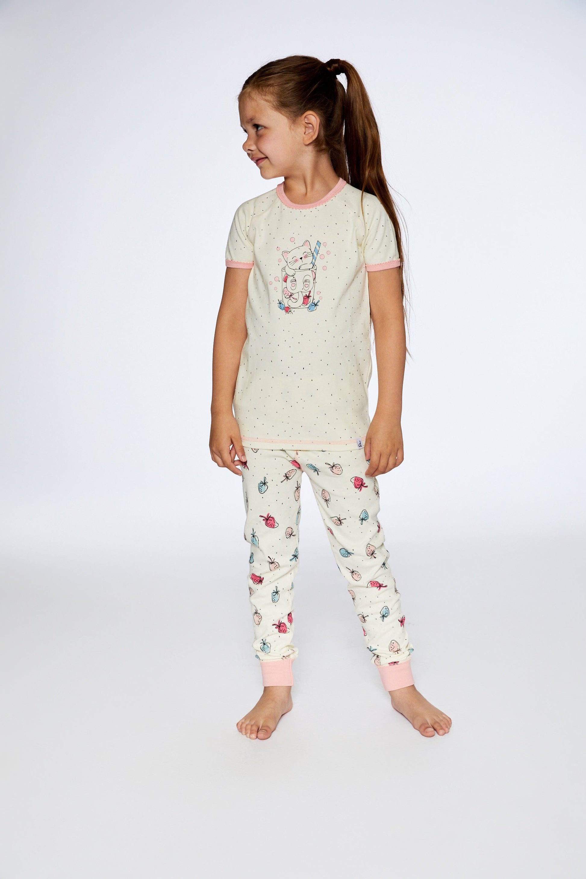 Organic Cotton Two Piece Pajama Set Off White Printed Strawberry-1