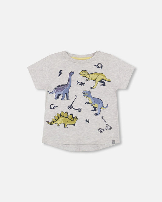 Organic Cotton T-Shirt With Dino Print Light Gray Mix-0