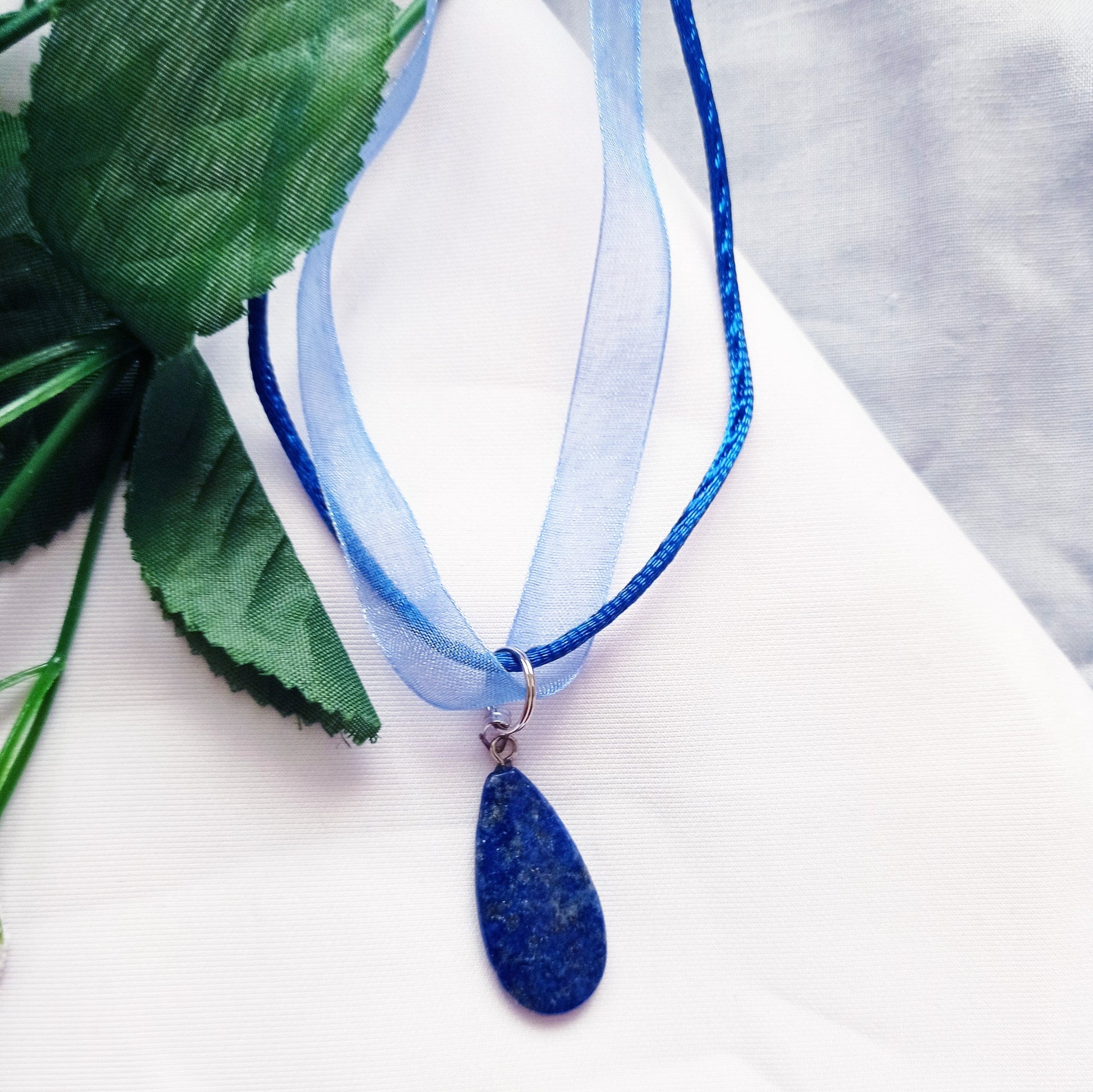 Lapis Lazuli Necklace, Blue Ribbon Necklace, Gemstone Necklace, Lapis Lazuli Pendant | by nlanlaVictory-3