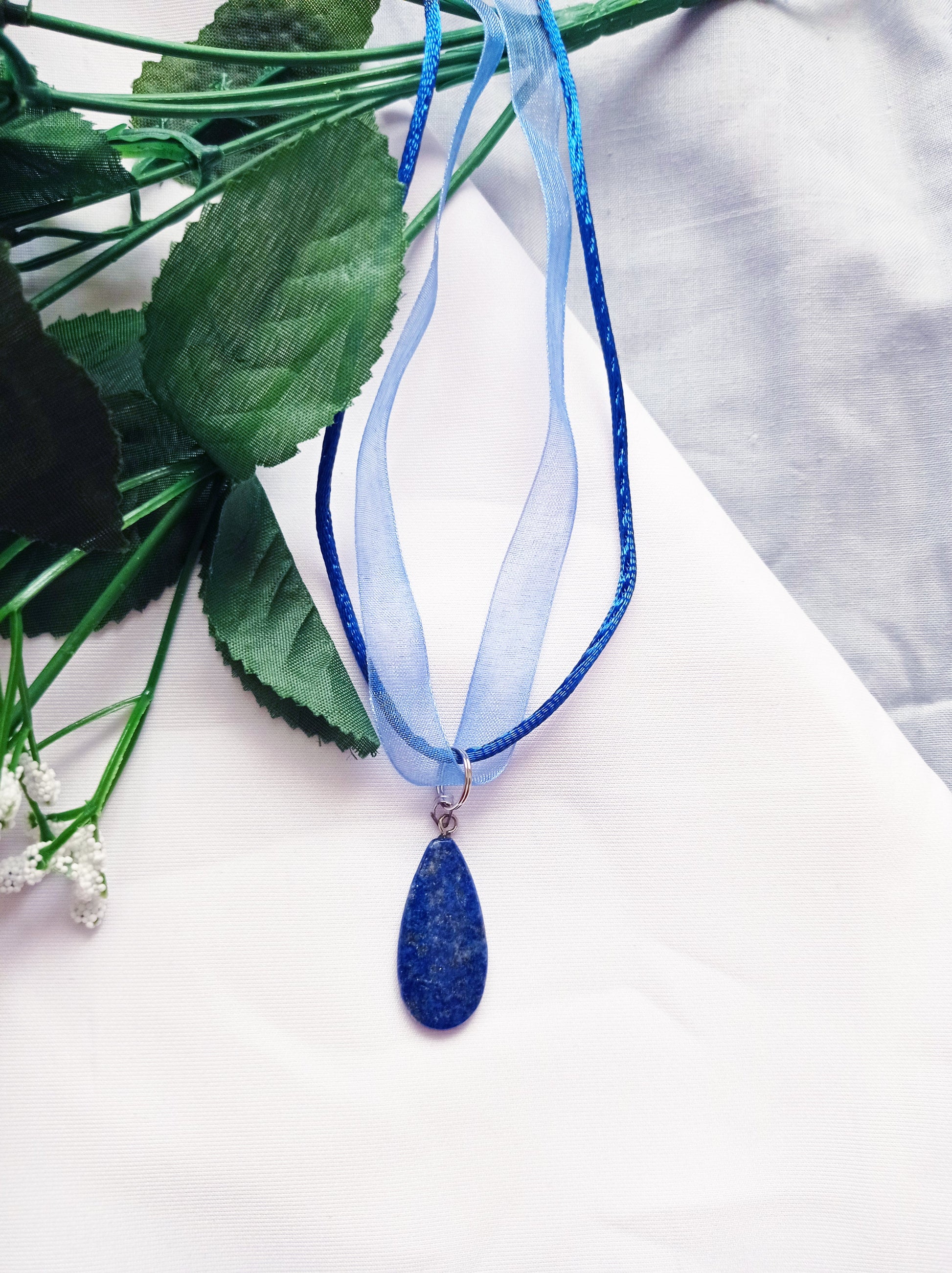 Lapis Lazuli Necklace, Blue Ribbon Necklace, Gemstone Necklace, Lapis Lazuli Pendant | by nlanlaVictory-2