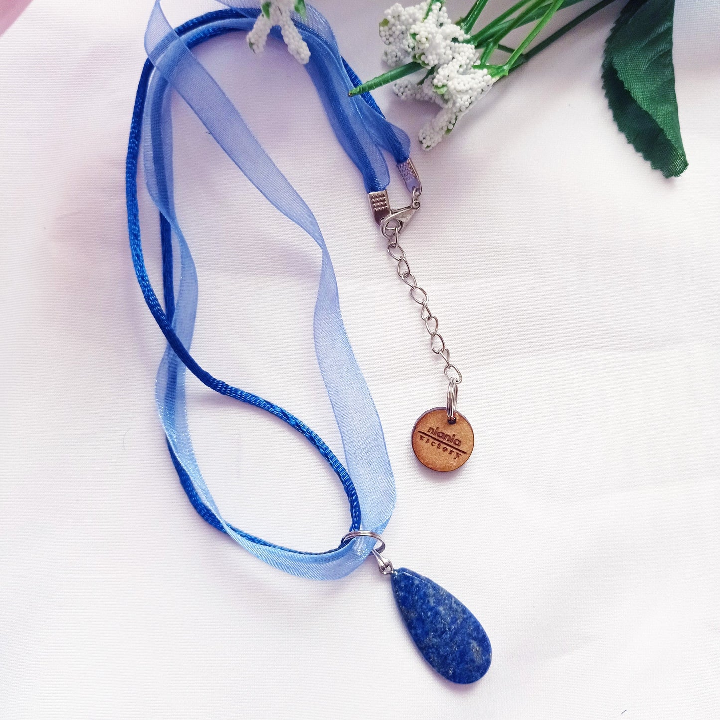 Lapis Lazuli Necklace, Blue Ribbon Necklace, Gemstone Necklace, Lapis Lazuli Pendant | by nlanlaVictory-0